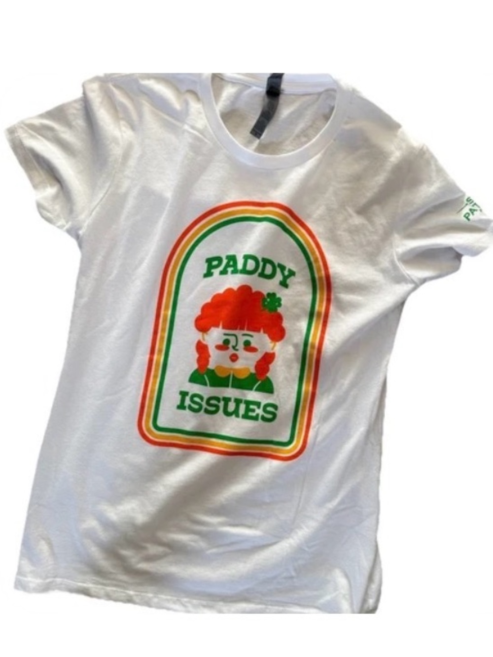 New Paddy Issues Graphic Tee - White with Green & Orange Print Sz m